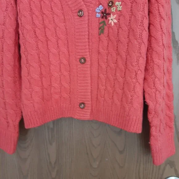 Sundance Hot Pink Floral Embroidered Cable Knit Cardigan Sweater Medium - Picture 6 of 8
